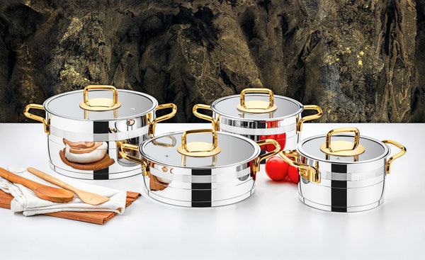 Safir Collection 8-piece Stainless Steel Cookware Set (Gold Handles)