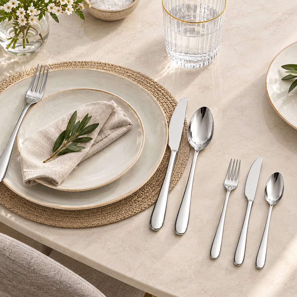 A flatware set arranged on a beige dining table, including four silver-toned forks and four matching knives, styled with ceramic plates, woven placemats, a folded linen napkin with a green olive leaf, and a glass of water.