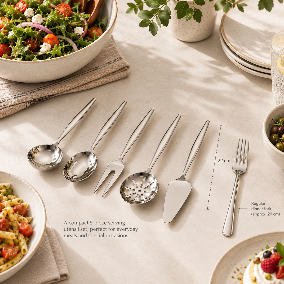 A 5-piece stainless steel serving utensil set arranged on a beige tablecloth with a salad bowl, plates, and dining props around it. The set includes a serving spoon, a serving fork, a decorative serving spoon, a cake server, and a dinner fork.