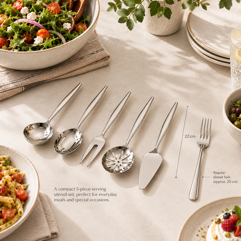 A 5-piece stainless steel serving utensil set arranged on a beige tablecloth with a salad bowl, plates, and dining props around it. The set includes a serving spoon, a serving fork, a decorative serving spoon, a cake server, and a dinner fork.