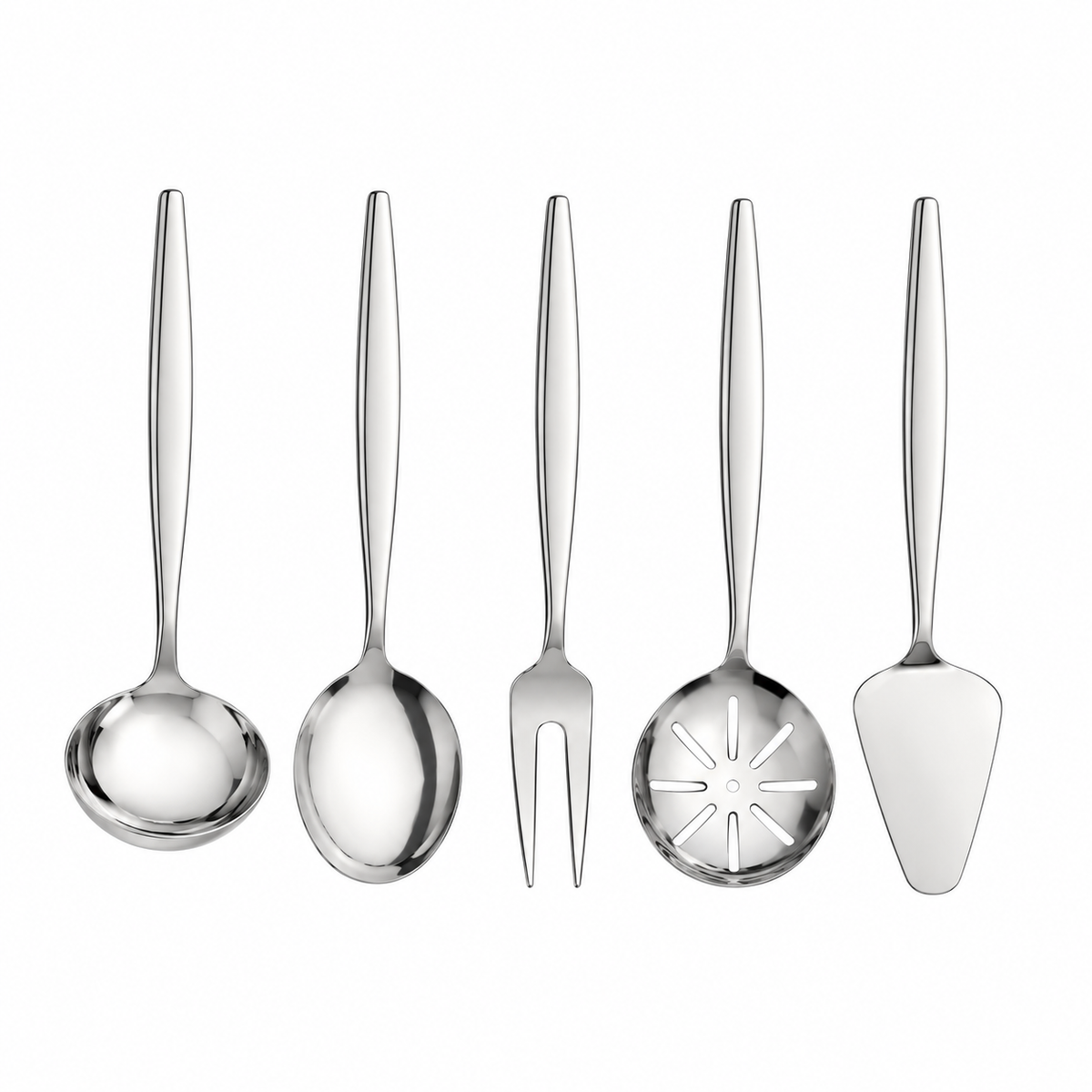 A 5-piece stainless steel serving utensil set arranged on a beige tablecloth with a salad bowl, plates, and dining props around it. The set includes a serving spoon, a serving fork, a decorative serving spoon, a cake server, and a dinner fork.
