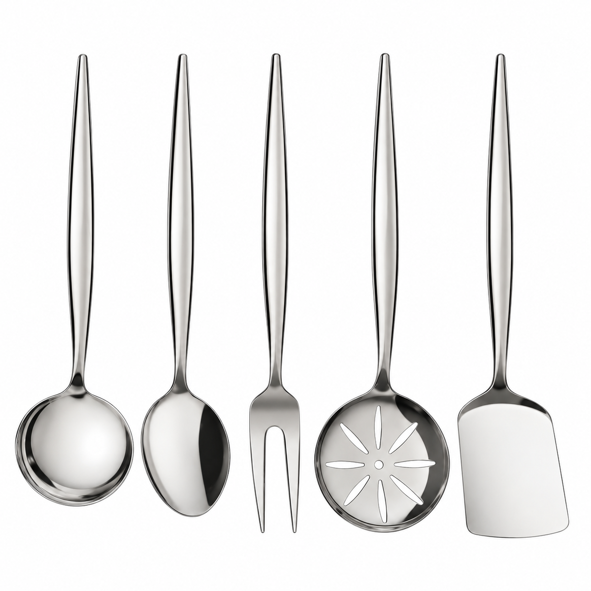 Five stainless steel kitchen utensils with long handles are arranged upright on a white marble countertop against a white subway tile backsplash. The utensils include a ladle, a spoon, a fork, a slotted serving spoon, and a spatula.