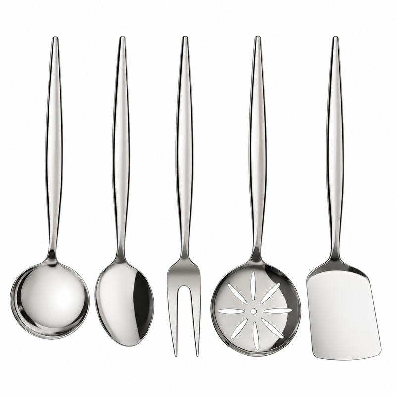 Five stainless steel kitchen utensils with long handles are arranged upright on a white marble countertop against a white subway tile backsplash. The utensils include a ladle, a spoon, a fork, a slotted serving spoon, and a spatula.