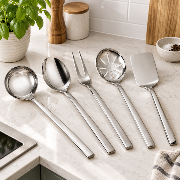 A set of five stainless steel kitchen utensils with long handles, including a ladle, spoon, fork, slotted spoon, and spatula, arranged on a light marble countertop in a kitchen setting.