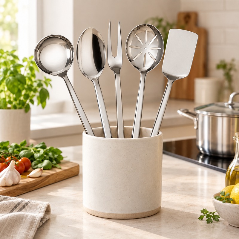 A set of five stainless steel kitchen utensils with long handles, including a ladle, spoon, fork, slotted spoon, and spatula, arranged on a light marble countertop in a kitchen setting.