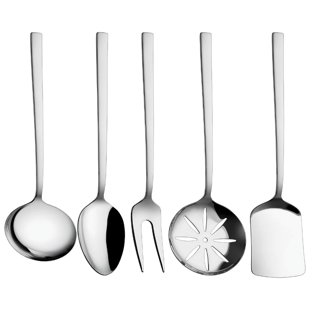 A set of five stainless steel kitchen utensils with long handles, including a ladle, spoon, fork, slotted spoon, and spatula, arranged on a light marble countertop in a kitchen setting.