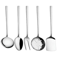 A set of five stainless steel kitchen utensils with long handles, including a ladle, spoon, fork, slotted spoon, and spatula, arranged on a light marble countertop in a kitchen setting.