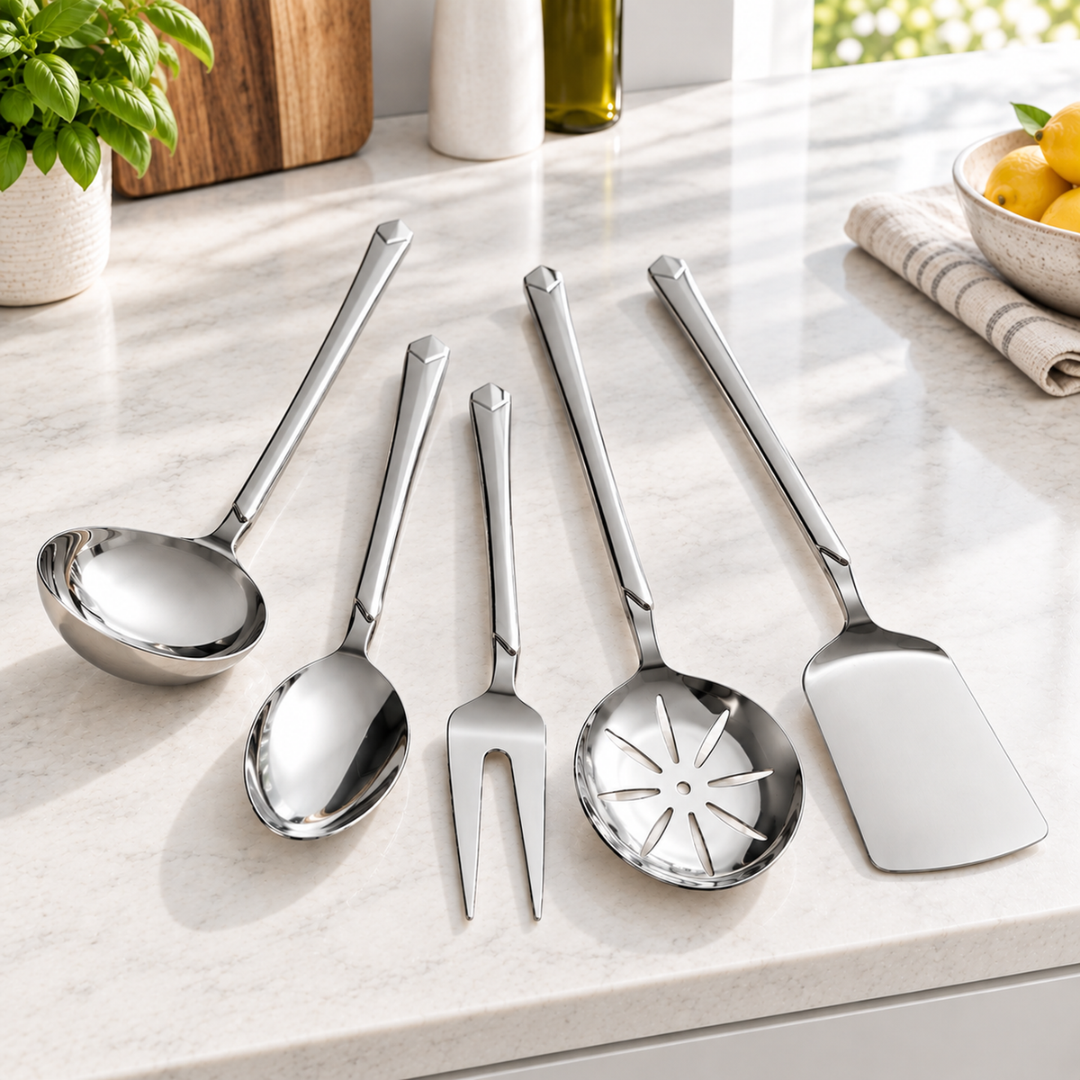 Five stainless steel kitchen utensils with long handles are arranged on a light marble countertop. The set includes a ladle, a spoon, a fork, a strainer, and a spatula.