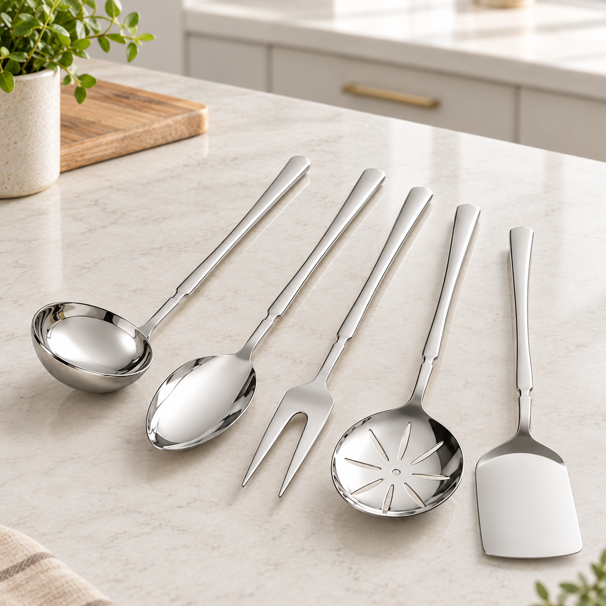 Five stainless steel kitchen utensils with long handles are arranged on a light marble countertop in a bright kitchen setting. The utensils include a ladle, spoon, fork, slotted spoon, and spatula.