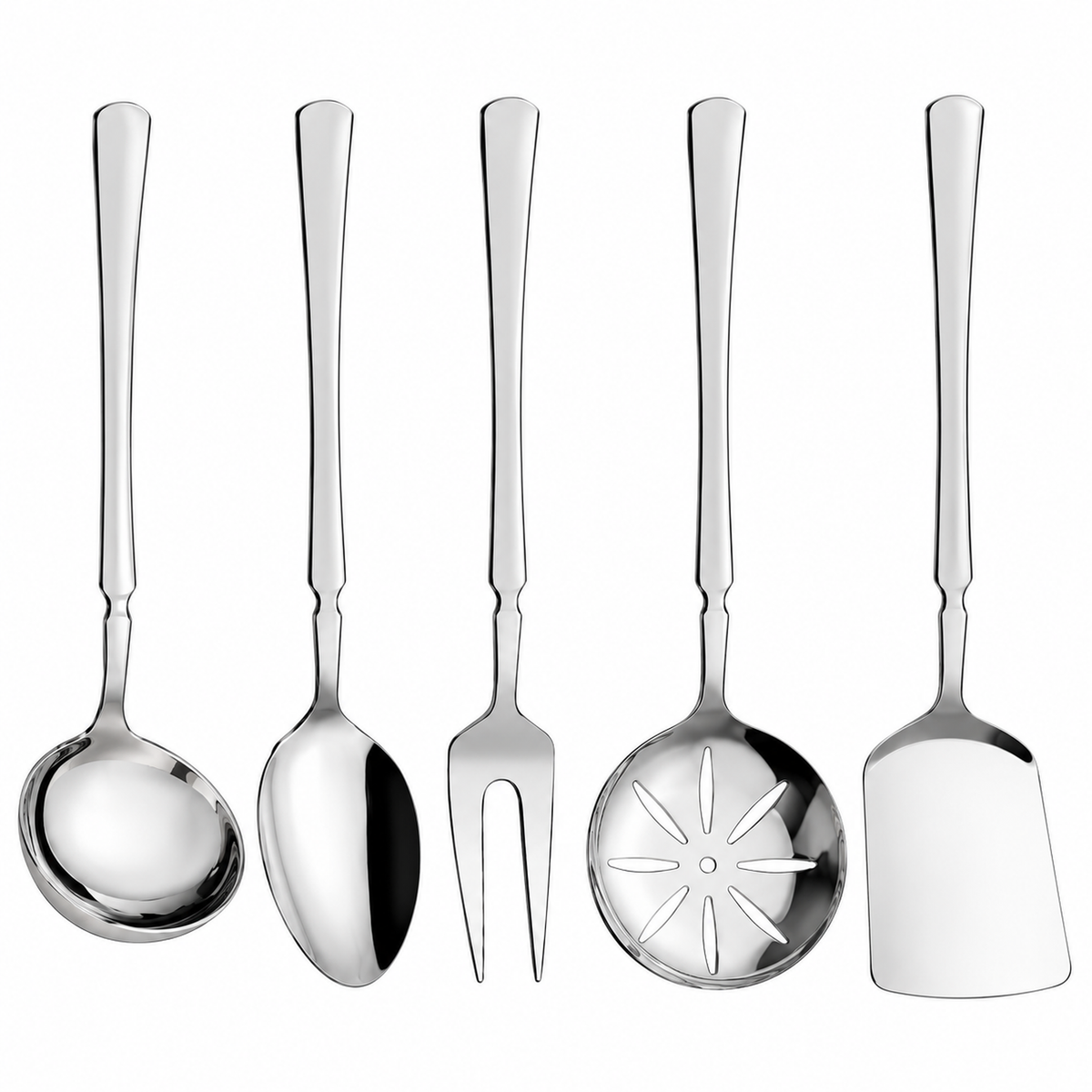 Five stainless steel kitchen utensils with long handles are arranged on a light marble countertop in a bright kitchen setting. The utensils include a ladle, spoon, fork, slotted spoon, and spatula.