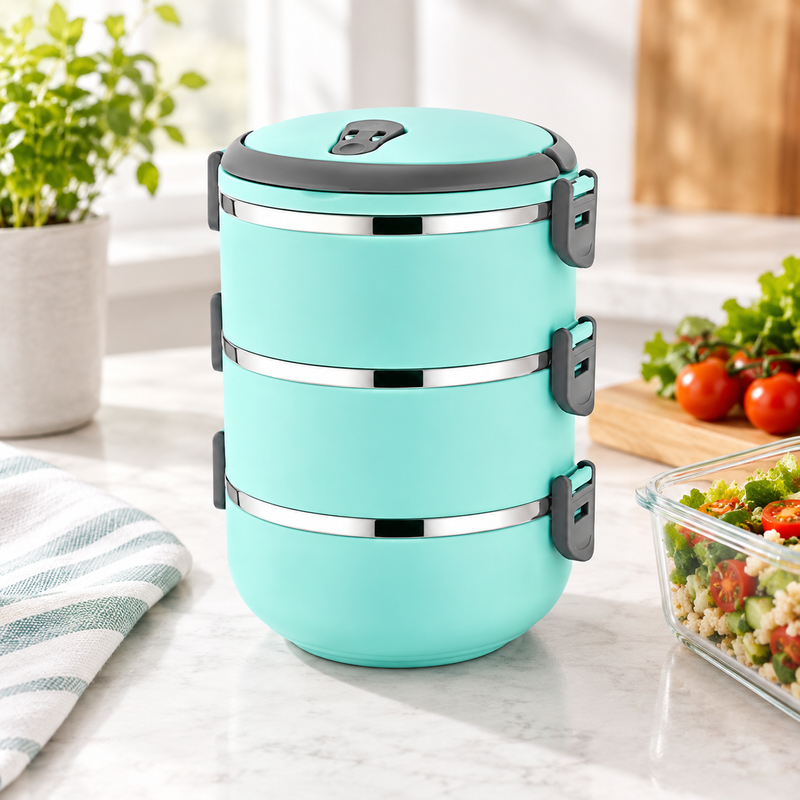 A mint green stackable lunch box with three tiers and a dark gray lid, set on a marble countertop next to a striped towel, a potted plant, and a glass container of salad.