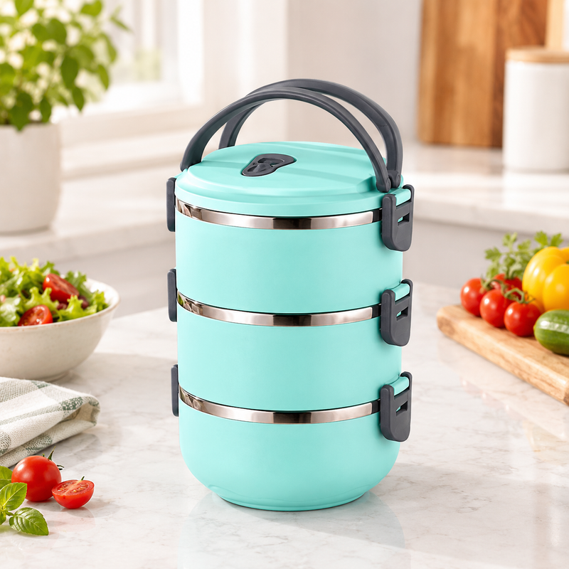 A mint green stackable lunch box with three tiers and a dark gray lid, set on a marble countertop