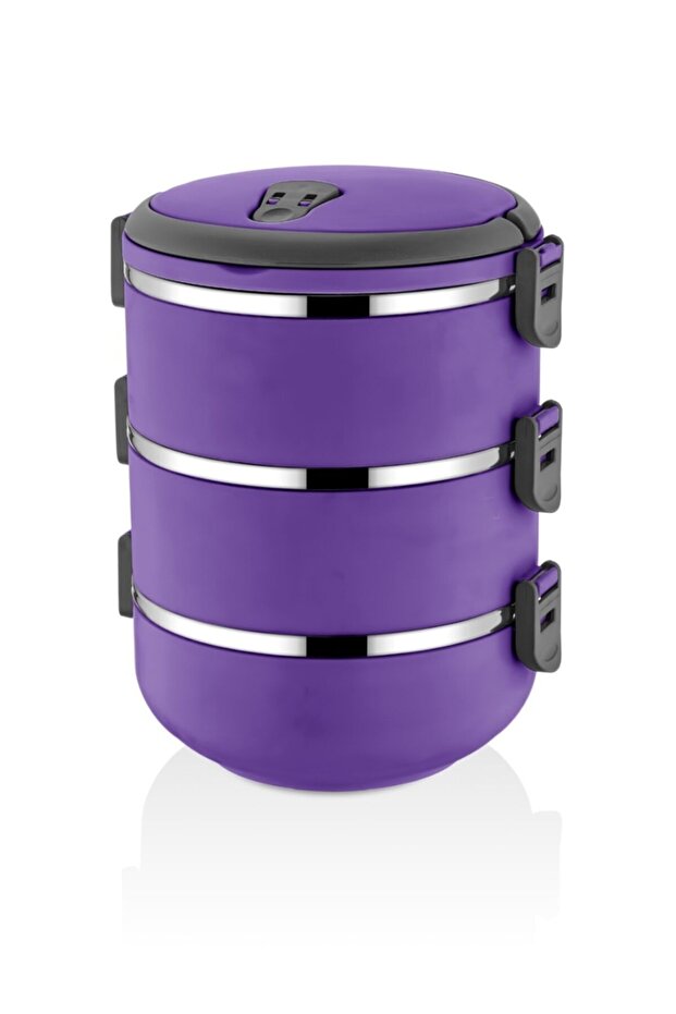 A three-tiered purple lunch box with black latches and silver metallic bands, shown on a white background with a soft reflection.
