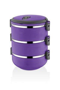 A three-tiered purple lunch box with black latches and silver metallic bands, shown on a white background with a soft reflection.