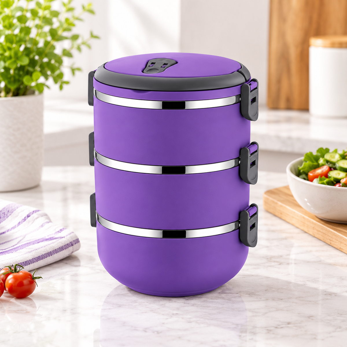 Freshbox 3-Layer Stainless Steel Bento Lunch Box (Purple)