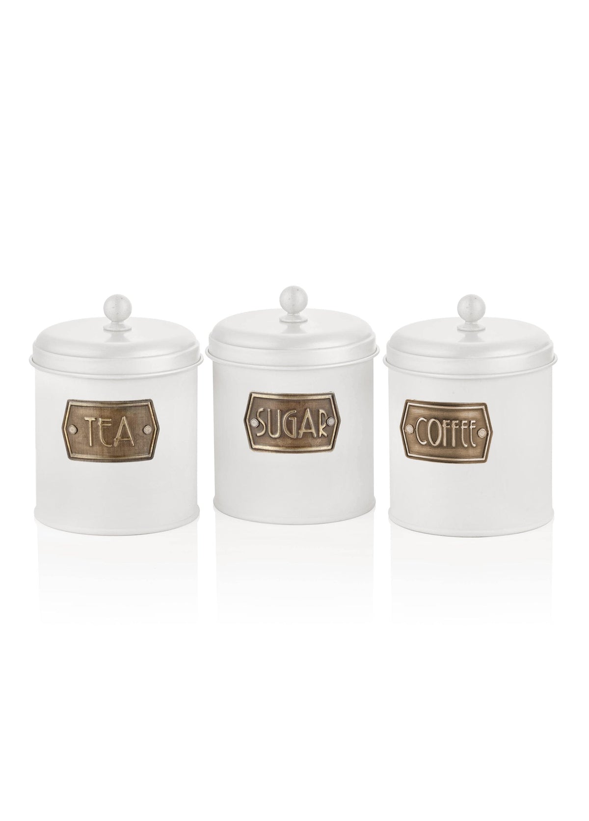 A set of three white cylindrical canisters with lids, each labeled with different names: Tea, Coffee, and Sugar.