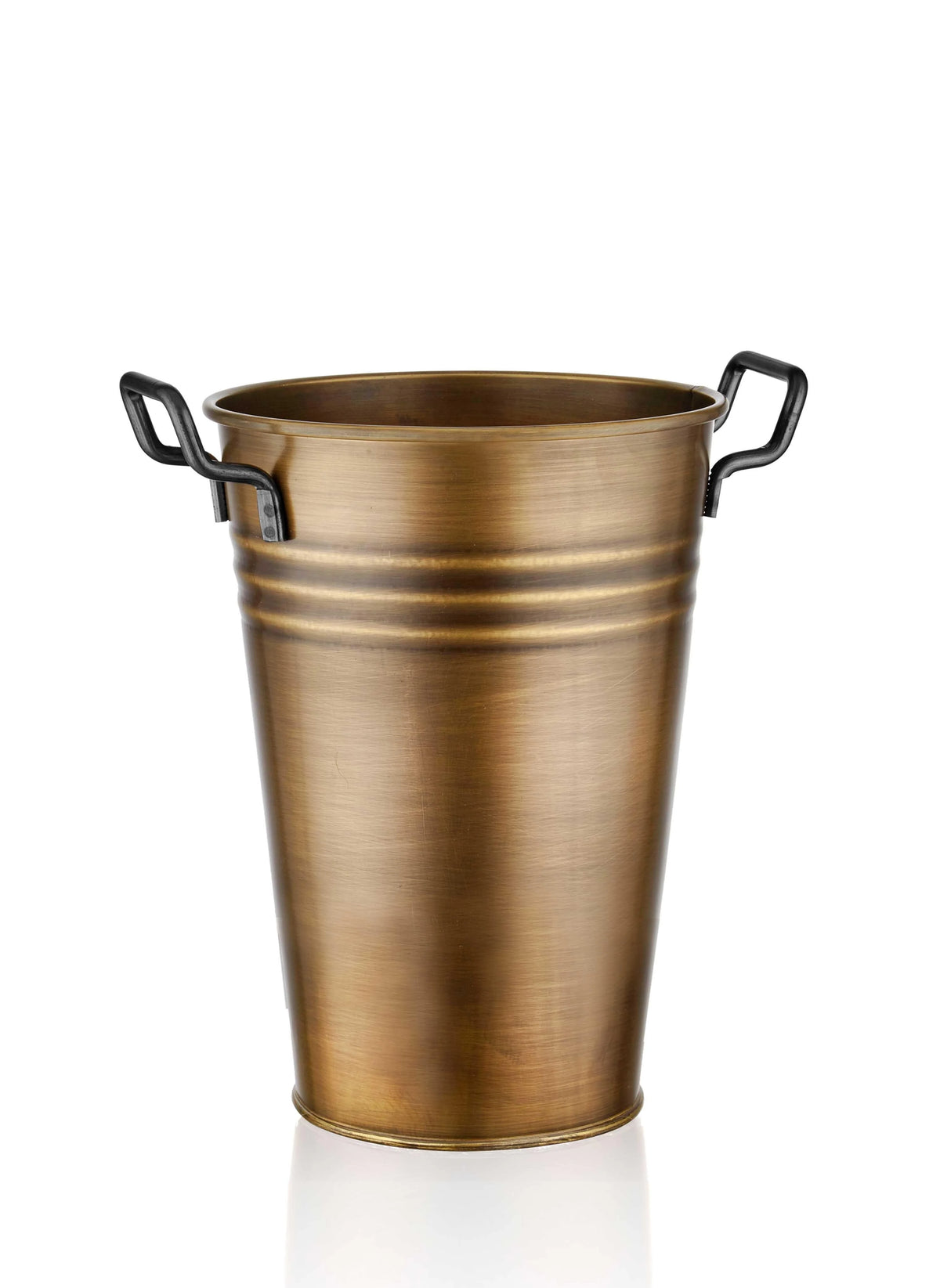 A gold-colored galvanised steel vase with two handles, suitable for indoor and outdoor use.