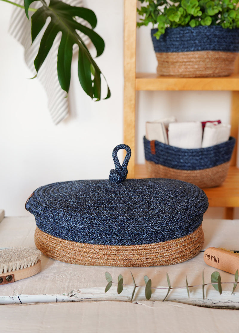 Jute Handwoven Storage Basket With Lid (Blue)