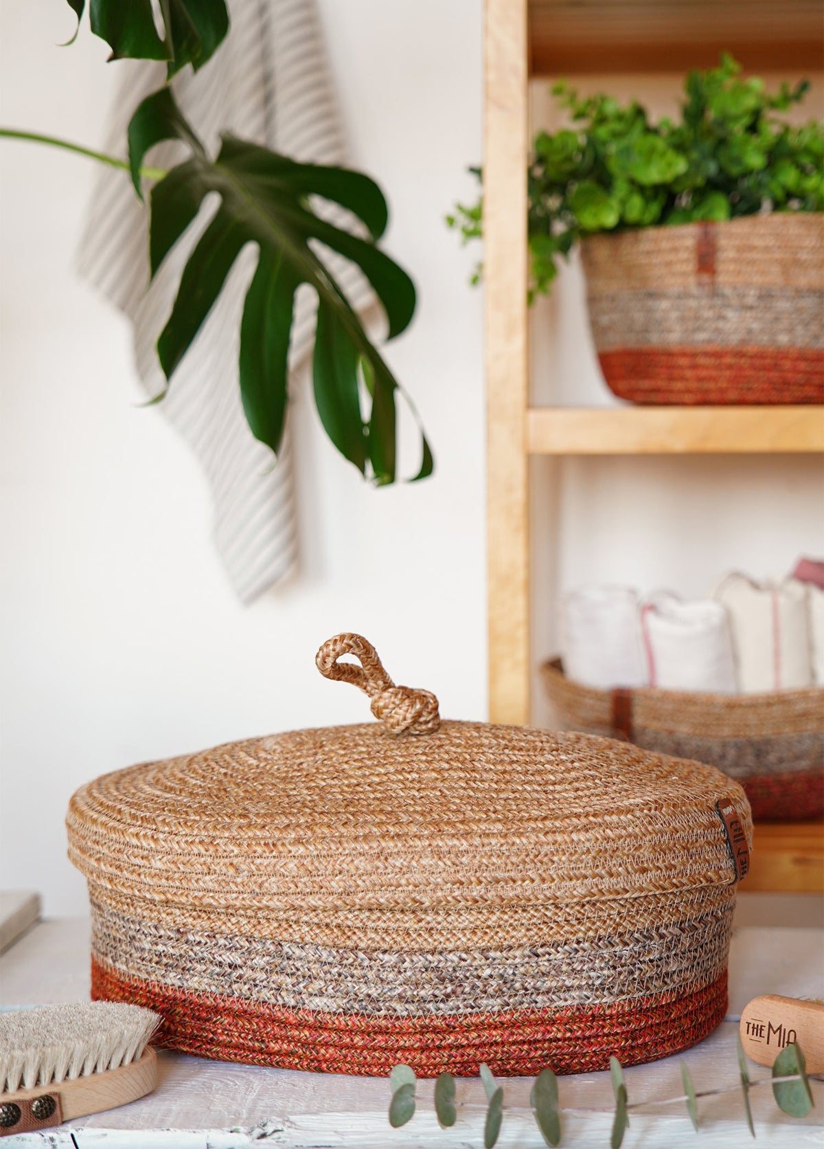 Jute Handwoven Storage Basket With Lid (Orange And Grey)