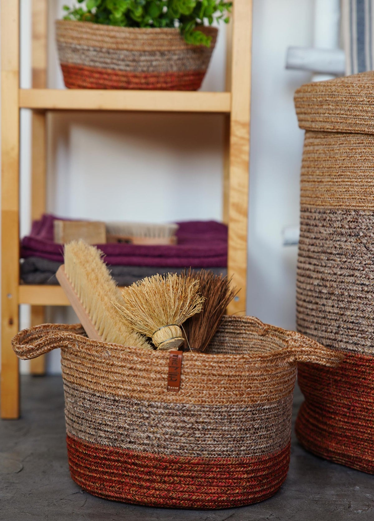 Jute Handwoven Storage Basket (Orange And Grey)