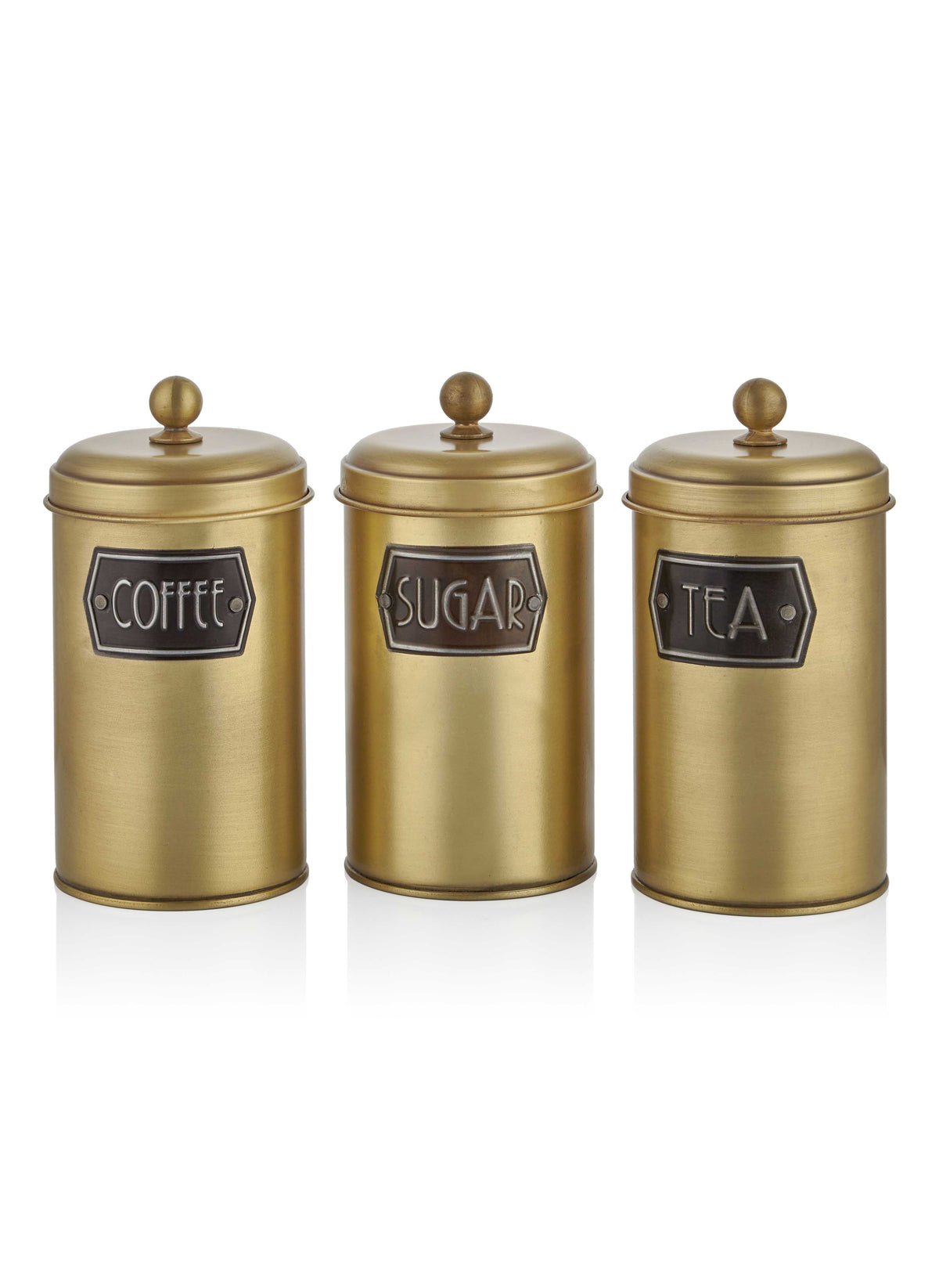 A set of three cylindrical gold-colored canisters with lids, labeled 'Coffee', 'Sugar', and 'Tea' respectively