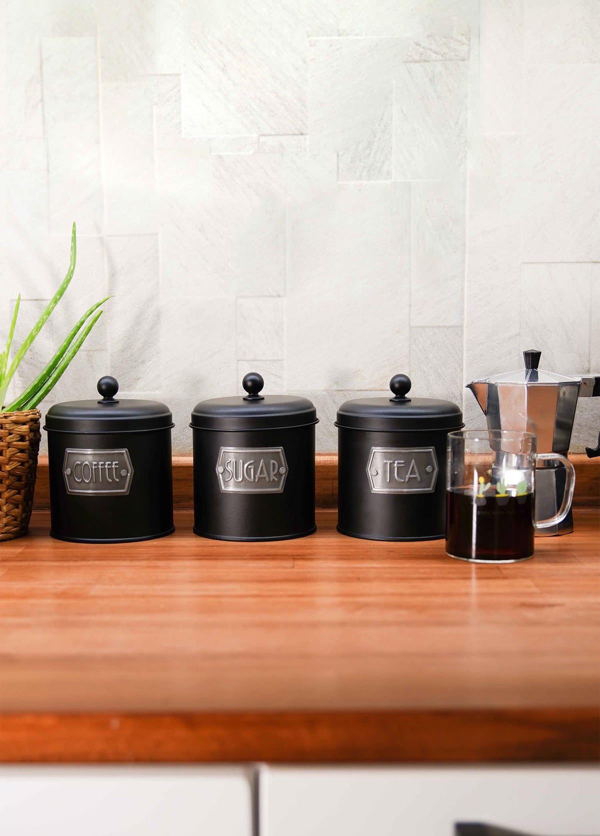 Black Coffee, Tea, And Sugar Canister Set - 17 cm (H)