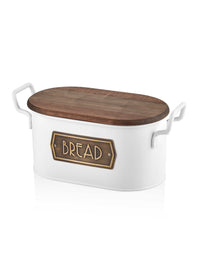 A white galvanised steel bread bin with a wooden lid, featuring the word 'bread' engraved on the front.