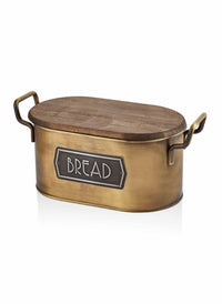 A gold bread bin made from galvanised steel with a wooden lid, hand-painted details, and labeled 'BREAD' on the front.
