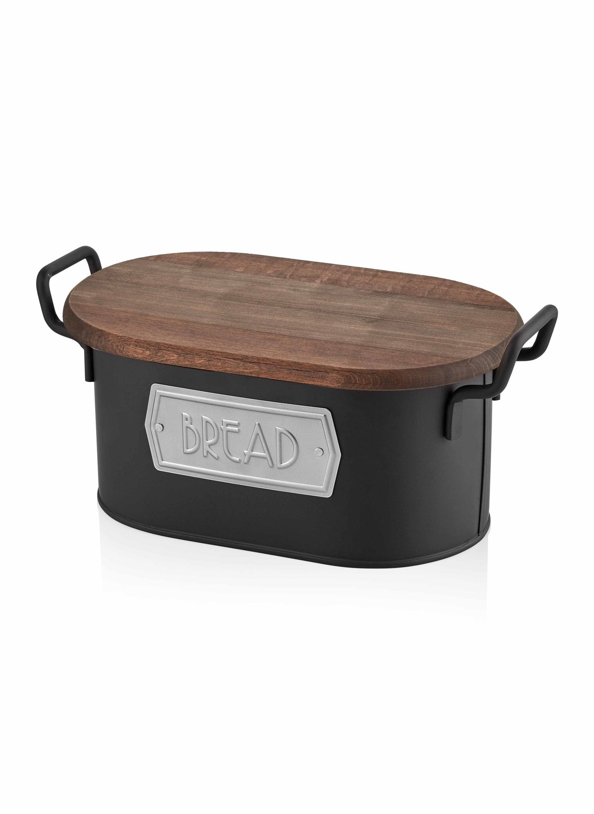 A black bread bin made from galvanised steel with a wooden lid, hand-painted details, and the label 'BREAD' on the front.
