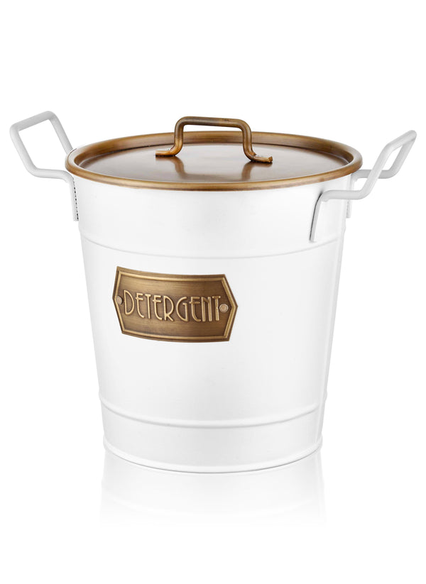 White detergent storage box made of galvanised steel with a capacity of 10 litres, featuring a handle and a branded lid.
