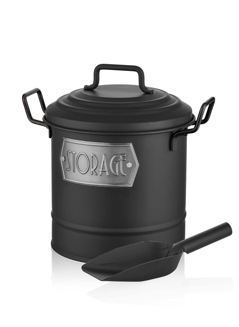 A black galvanised steel kitchen storage box with a lid and a utility scoop, featuring a rustic design with the word 'STORAGE' on the front.