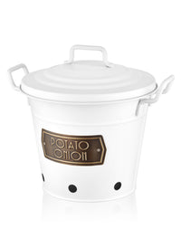 White galvanised steel potato and onion storage bin with a lid and handles, featuring a label with 'Potato O'Horo' branding.