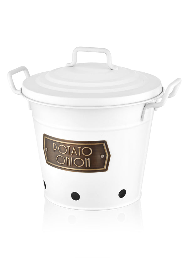 White galvanised steel potato and onion storage bin with a lid and handles, featuring a label with 'Potato O'Horo' branding.