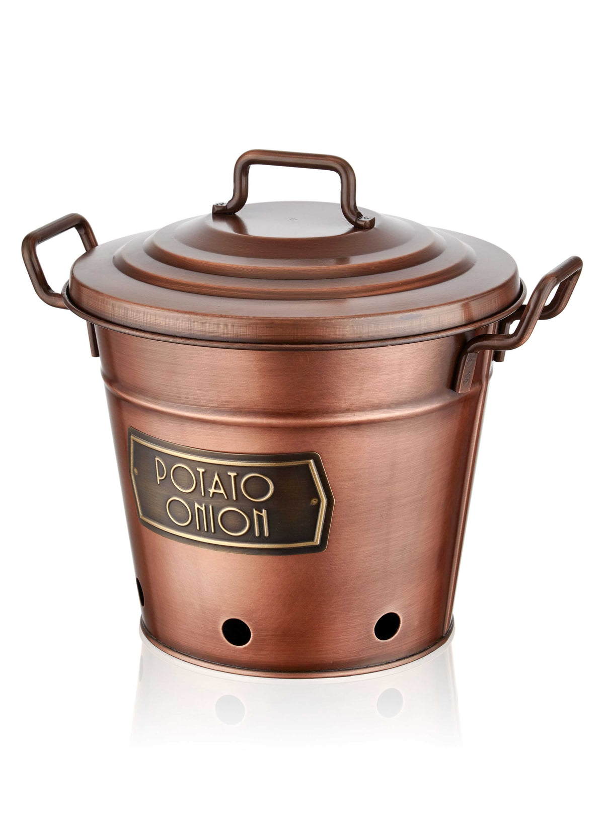 A copper-colored galvanised steel potato and onion storage box with a lid and label on front.