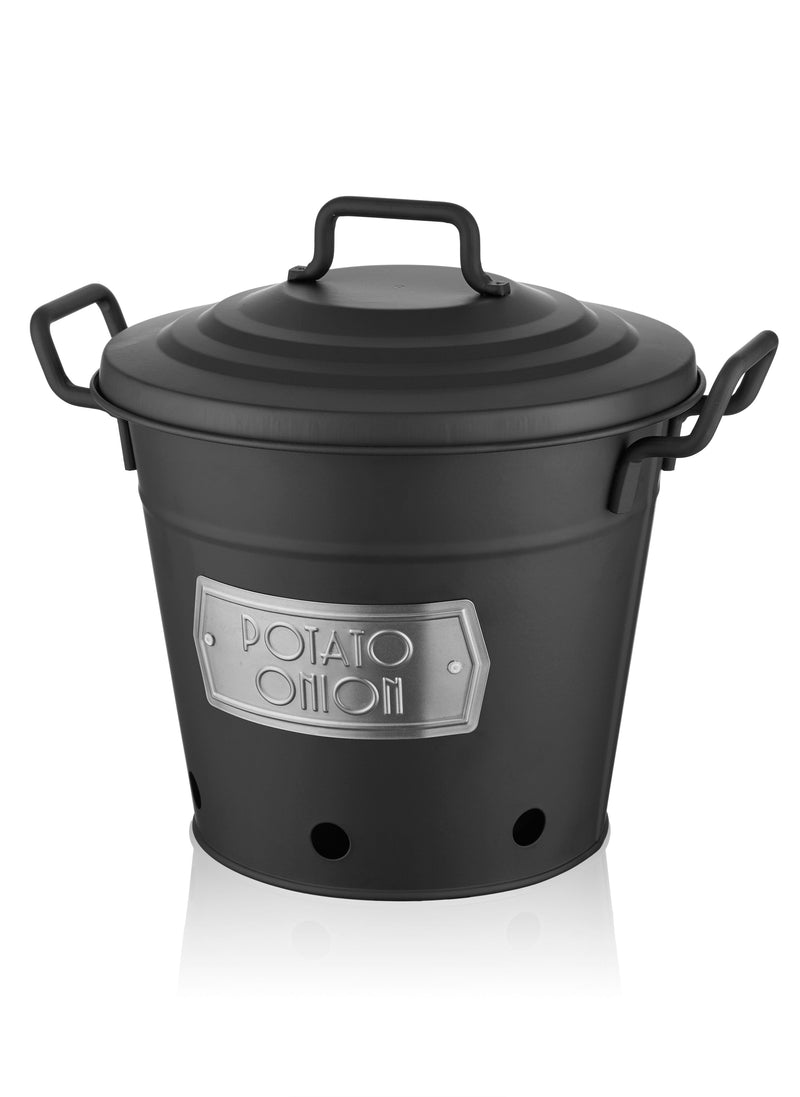 A black galvanised steel potato and onion storage bin with a lid and handles.