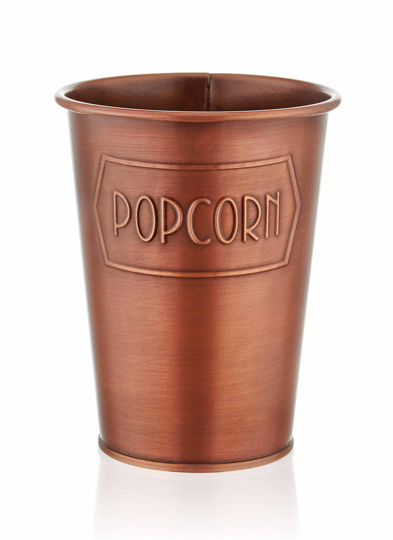 A copper popcorn bowl with the word 'POPCORN' embossed on the side.