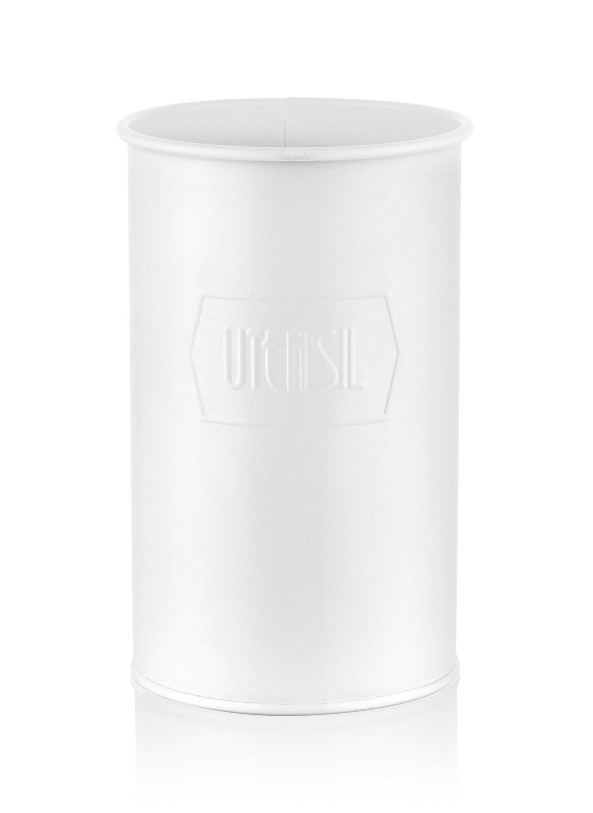 White cylindrical utensil holder made of high quality galvanised steel with the name 'Utensil' embossed on the side.