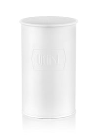White cylindrical utensil holder made of high quality galvanised steel with the name 'Utensil' embossed on the side.