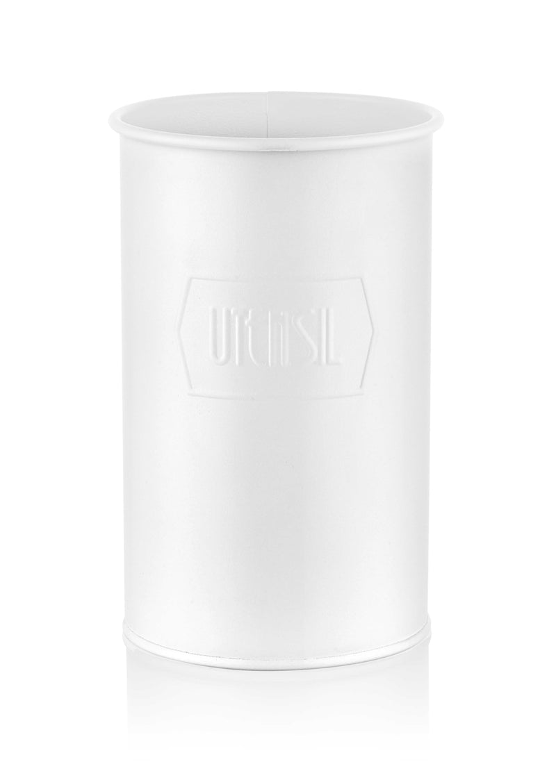 White cylindrical utensil holder made of high quality galvanised steel with the name 'Utensil' embossed on the side.