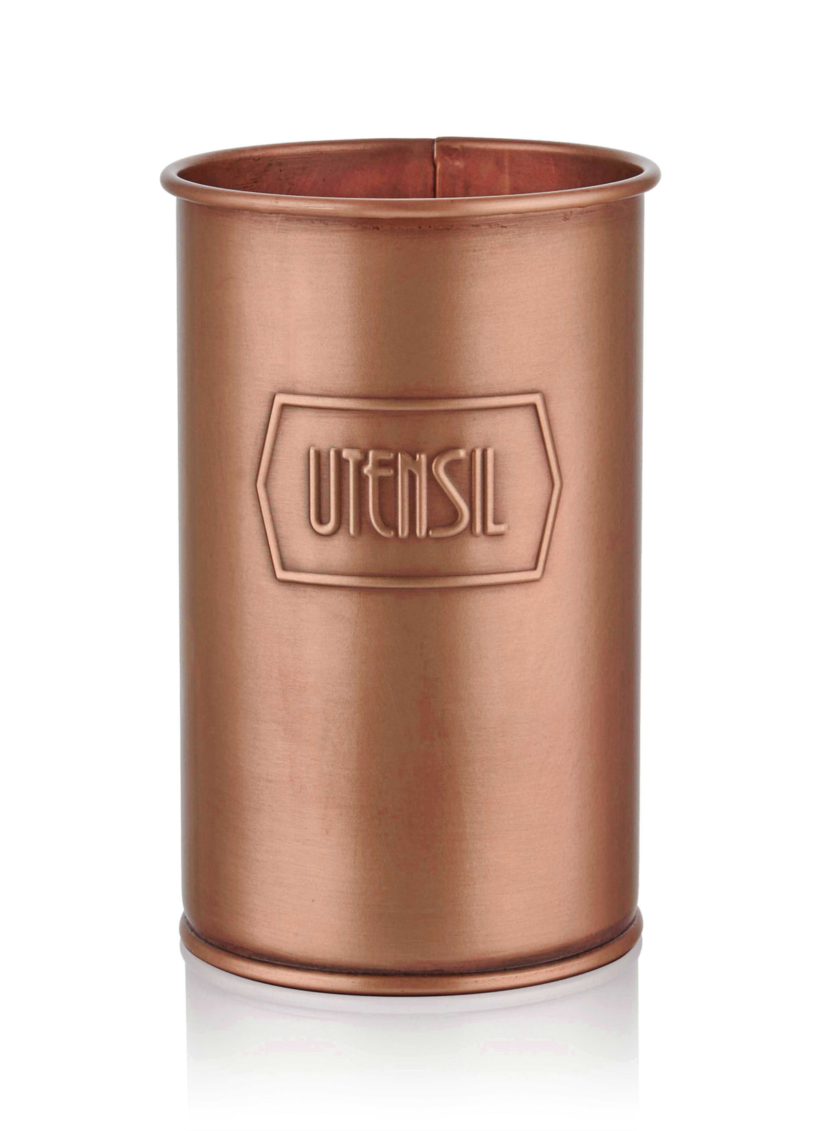 A bronze-colored rustic utensil jar made from galvanised steel with the word 'UTENSIL' embossed on the front.