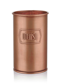 A bronze-colored rustic utensil jar made from galvanised steel with the word 'UTENSIL' embossed on the front.