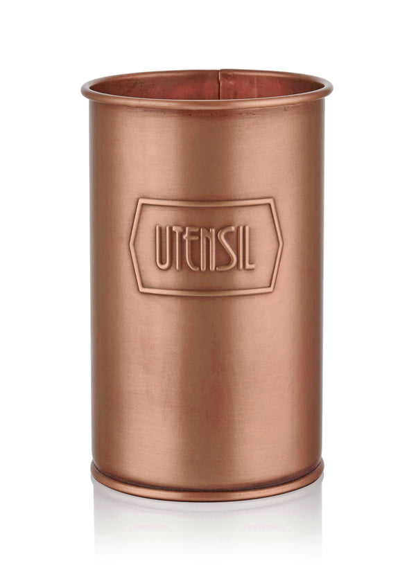 A bronze-colored rustic utensil jar made from galvanised steel with the word 'UTENSIL' embossed on the front.