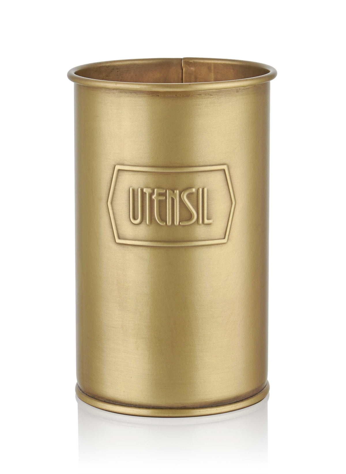 A gold cylindrical utensil holder with the word 'UTENSIL' embossed on the side.