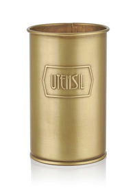 A gold cylindrical utensil holder with the word 'UTENSIL' embossed on the side.