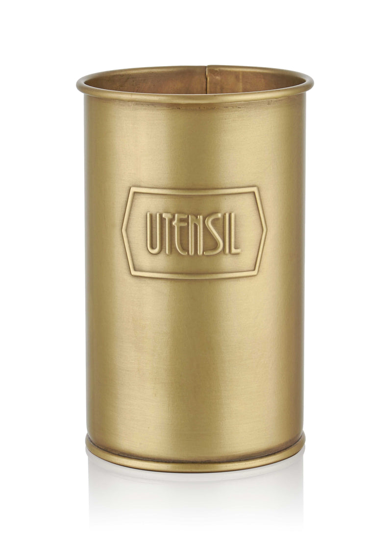A gold cylindrical utensil holder with the word 'UTENSIL' embossed on the side.