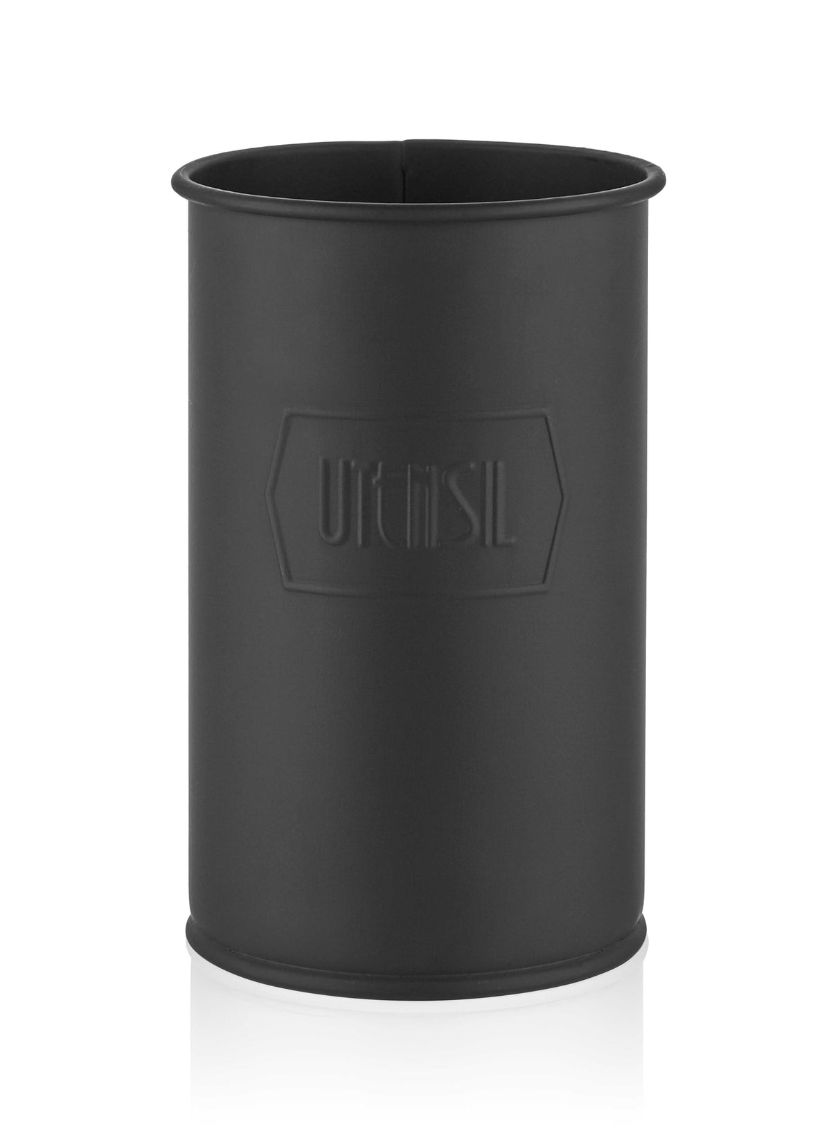 A black cylindrical utensil holder made of galvanised steel 