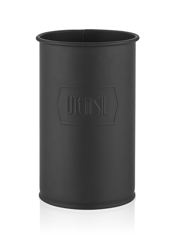 A black cylindrical utensil holder made of galvanised steel 