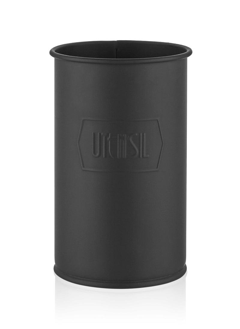 A black cylindrical utensil holder made of galvanised steel 