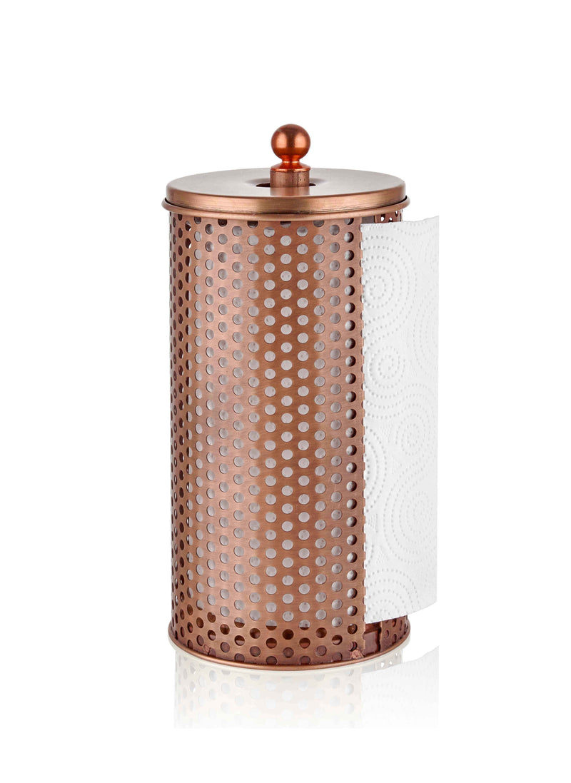 A cylindrical copper paper towel holder with a lid and a handle on top, set against a white background.