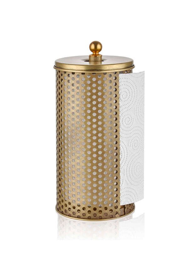 A gold paper towel holder made from galvanised steel with a paper towel roll partially inserted.